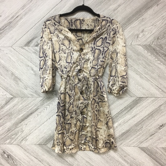 Snakeskin Button Down Mini V Neck Flare Dress - Picture 8 of 8